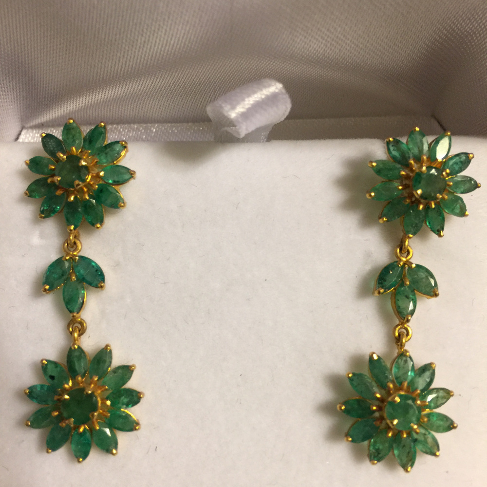 14K Natural Gemstone Emerald Dangling Earrings
